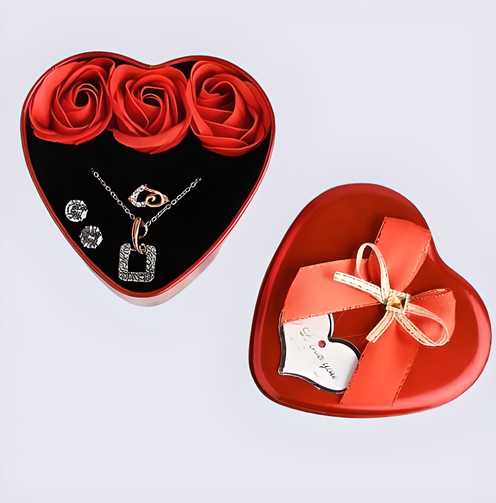 Floweraura Sparkling Love Jewelry & Artificial Flower in Heart Red Box Valentine's Gift